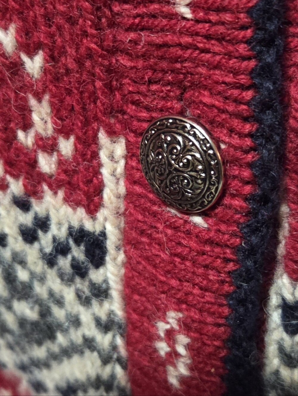 Vintage 90s Womens LL Bean Fair Isle Nordic Red Cardigan Made In USA Size Large - Picture 4 of 7